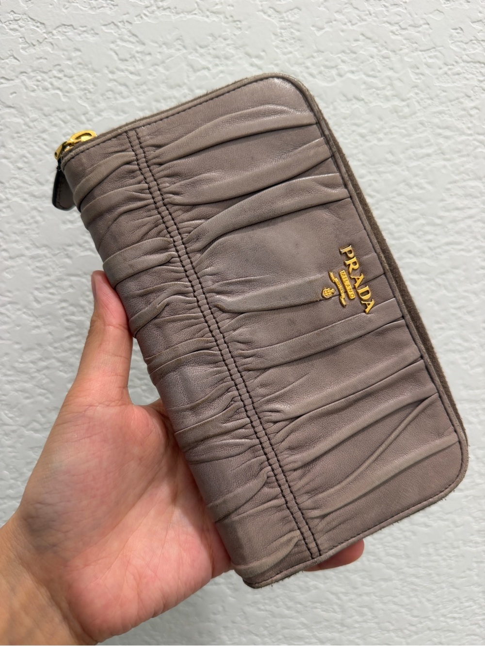 Prada Ruched Leather Zip Wallet in Taupe with Gold Hardware
